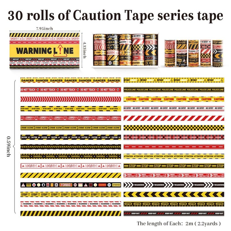 icceemee 30 Rolls Warning line Theme Washi Tape Set, Writable Decorative Tapes for Scrapbooking, Junk Journal Supplies, Bullet Journaling, 0.6"x79" per Roll - Image 2